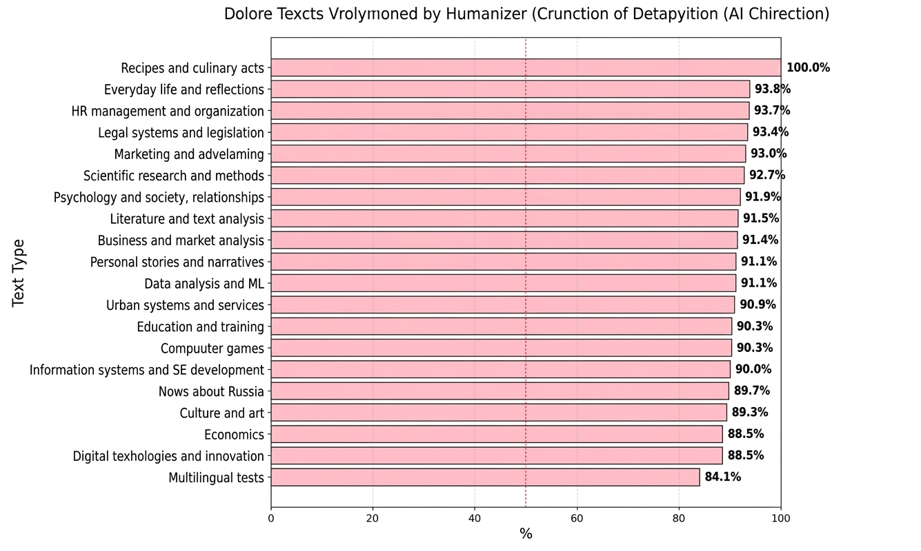 Share of texts improved by the humanizer — from 84.1% for multilingual to 100% for recipes