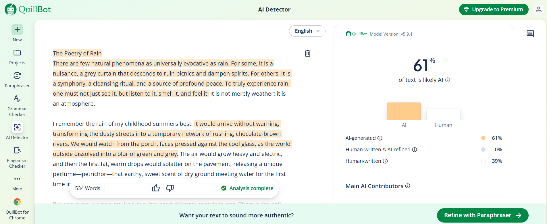 Interface and results of AI-detection in QuillBot
