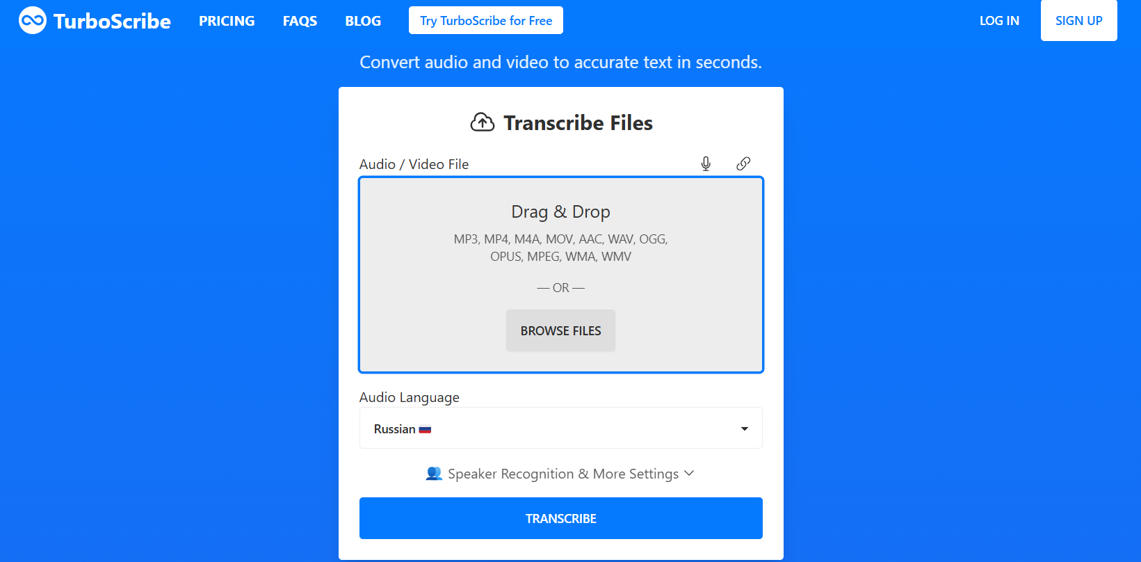 Интерфейс сайта для перевода аудио и видео в текст Turboscribe.ai